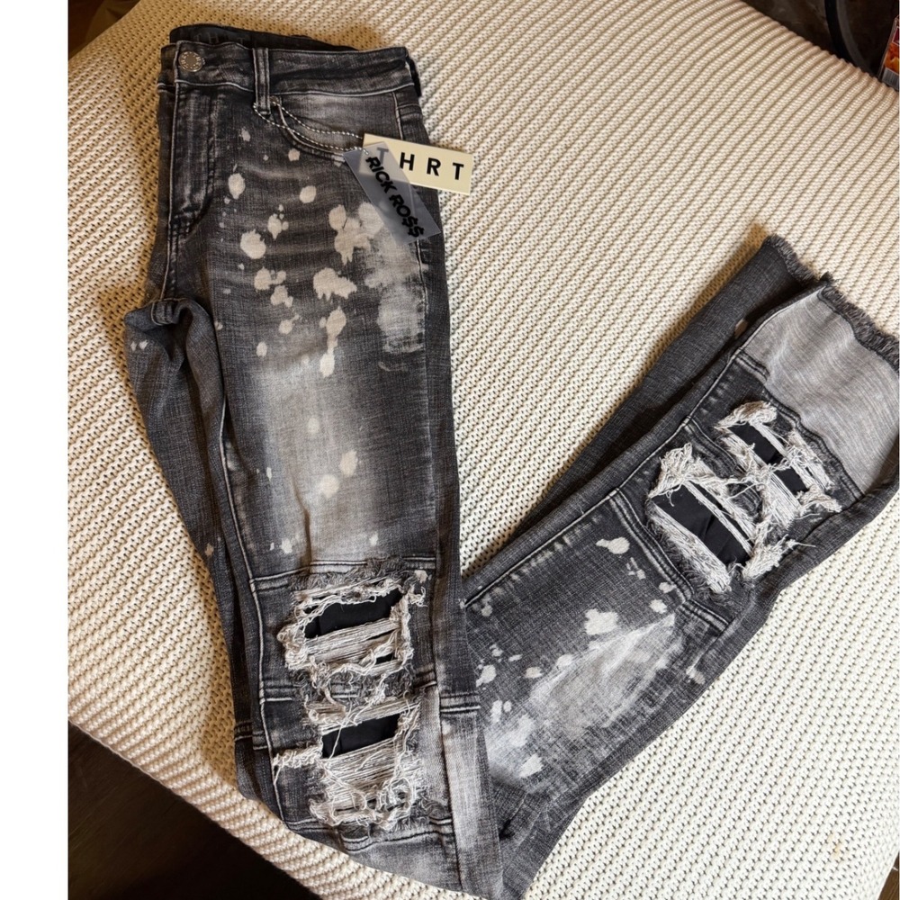 THRT Rick Ross Grey Distressed Bleach Splatter Moto Slim Fit Tall Jeans Mens